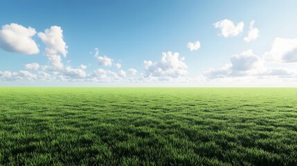 Obraz premium serene green grass field under blue sky with fluffy clouds