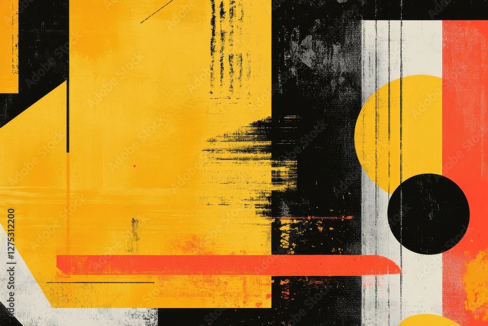 Poster brutalist abstract composition with yellow tones and geometric patterns in y2k style, perfect for ey