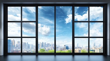 Fototapeta premium Industrial-style window with black metal frames, overlooking a gritty urban landscape
