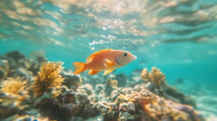 Naklejka premium Orange and White Fish Swimming Over Vibrant Coral Reef in Sunlit Turquoise Water