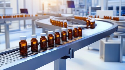 Pharmaceutical factory with conveyor belts producing rows of medicine bottles, clean and modern