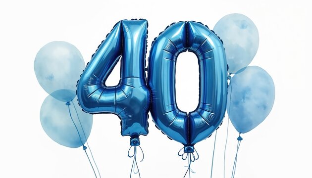 Watercolor painting of blue number 40 balloon on white background. Number balloons and transparent watercolor balloons decoration for fortieth birthday or anniversary party.