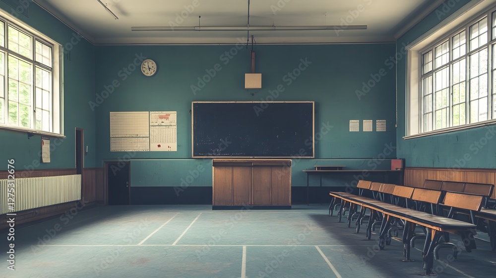 Poster empty classroom with chalkboard and desks