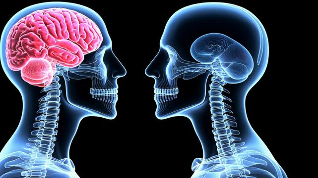Understanding the human brain anatomy through anatomical illustrations showing side profiles of skulls and brain structures