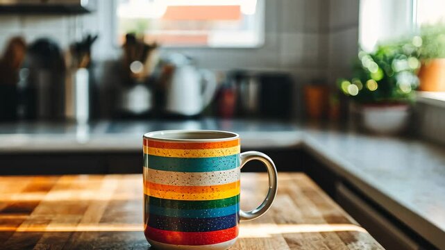 Colorful mug with rainbow pattern rests on wooden kitchen countertop in bright morning light, Colorful mug with rainbow pattern on wooden kitchen countertop