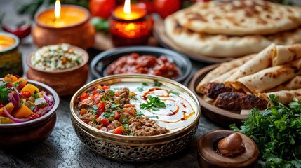 Fototapeta premium Delicious Indian Cuisine with Colorful Dishes and Warm Atmosphere