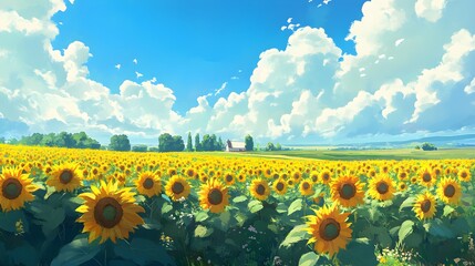 Fototapeta premium A vast sunflower field in full bloom stretches towards the horizon under a bright blue sky with fluffy white clouds