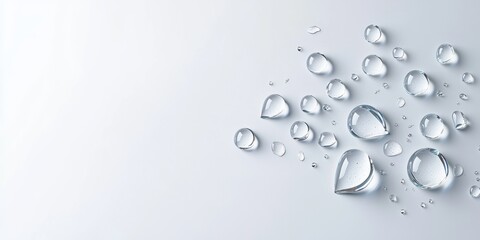 Tiny transparent droplets scattered in harmony on an electric white surface, pure and minimal