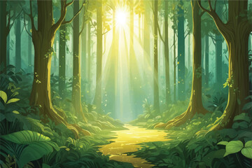 golden rays cascade through verdant tapestry of a lush woodland, casting ethereal patterns of luminescence upon enchanted forest floor