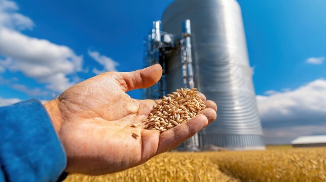 A farmer holding a handful of wheat grains in front of a large silo, authentic agricultural scene