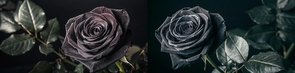Two monochromatic roses in deep gray tones, creating a moody and elegant aesthetic.