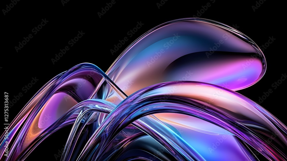 Poster Captivating and Experimental 3D Render of Abstract Futuristic Fluid Dynamic Forms with Smooth Reflective Surfaces Neon Lighting and a High Tech Atmosphere