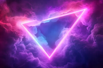 Neon triangle in vibrant clouds; abstract background