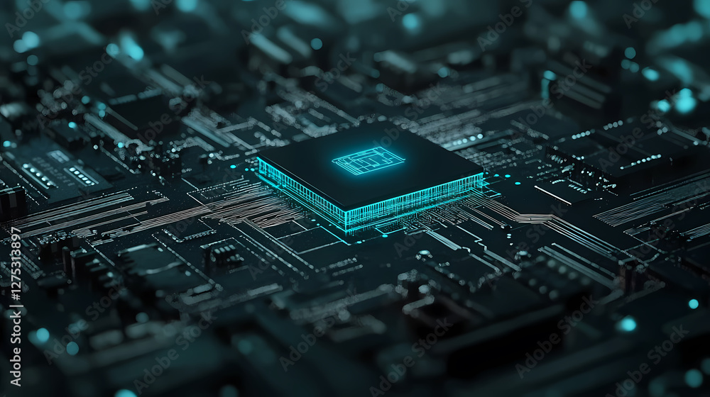 Poster close-up of a circuit board with a black chip and blue patterns