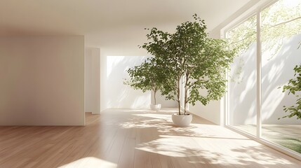 bright minimalist interior design with large windows and greener