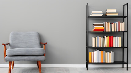 Grey Room Interior with Armchair and Bookshelf