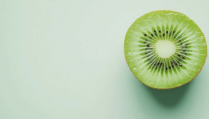 Close Up of Halved Kiwi Fruit on Pale Green Background