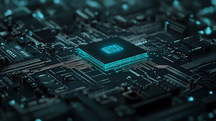 Close-up of a Circuit Board with a Black Chip and Blue Patterns