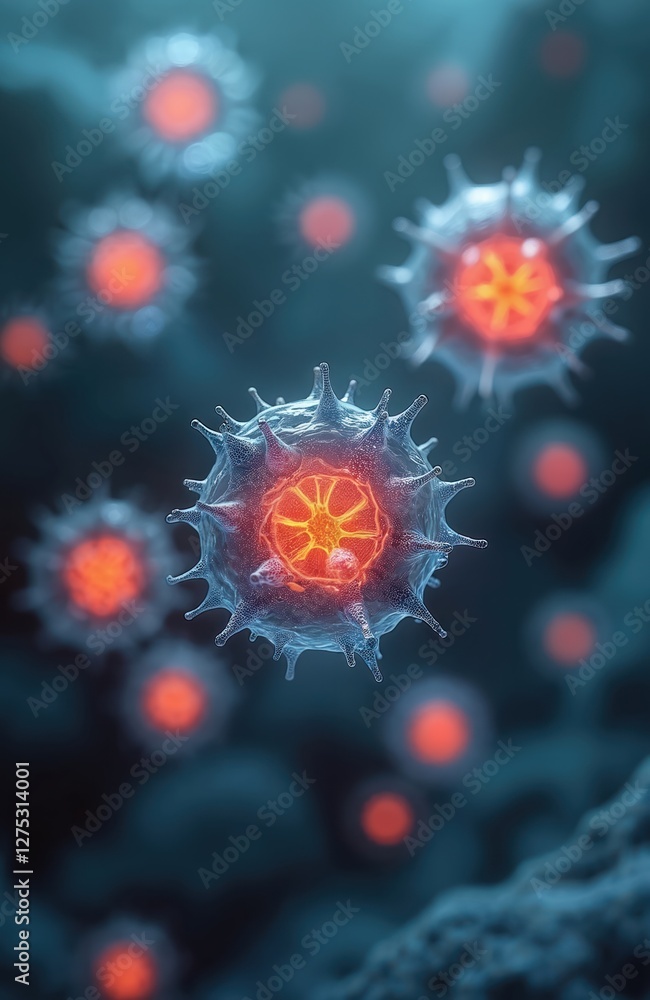 Poster microscopic view of cells in transparent medium. floating cell structures with intricate details, su