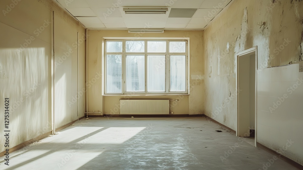 Poster empty room in abandoned building with large window