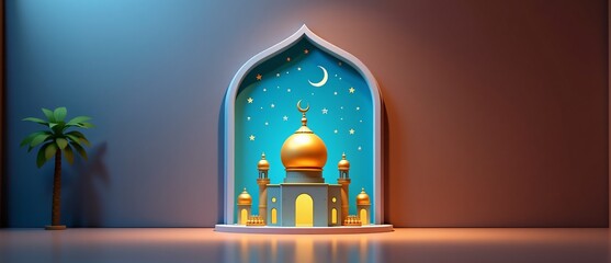 Ramadan Mosque Banner. 3D Islamic diorama for holiday, greeting card, website. Golden dome, minarets, night sky, stars. Peaceful middle east design.
