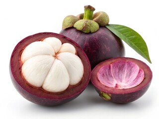 Whole Mangosteen and Halves Showcasing Delicious Segments with Leaf