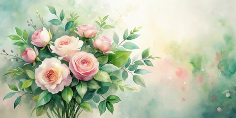A Delicate Watercolor Painting of a Bouquet of Pale Pink Roses and Lush Green Foliage, a Romantic Floral Illustration on a Soft Pastel Background