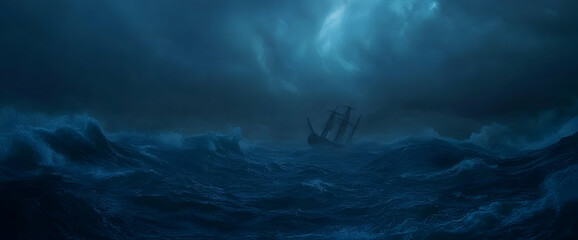 Old ship sailing stormy ocean at night. Background Dark clouds. Use Movie, game, book cover
