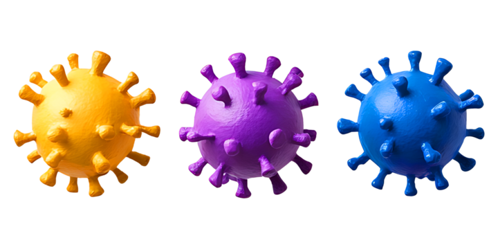 Colorful 3D virus model illustration in yellow, purple, and blue, isolated for medical concept
