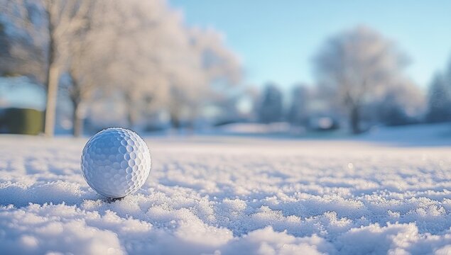 Golf ball on tee, snowy course, winter sunrise, frosty trees, sport