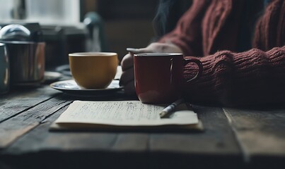 Person holding coffee cups at wooden table