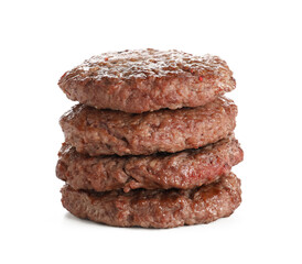 Stack of tasty meat cutlets on white background