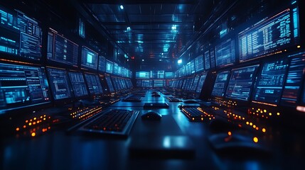 Futuristic control room with many screens