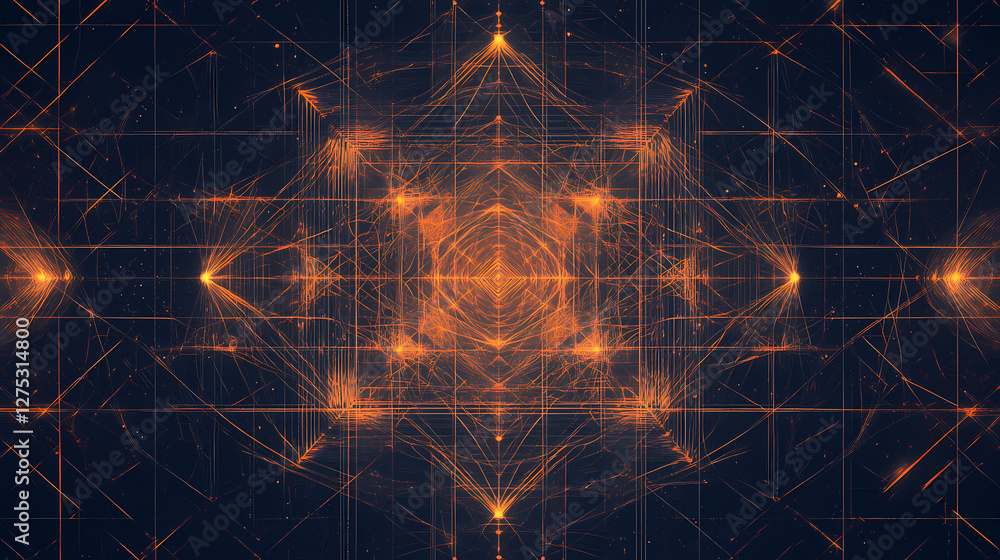Aufkleber symmetric dark pattern with neon hexagonal grid and radiating lines