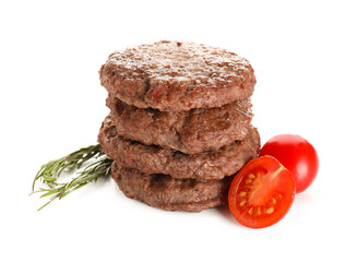 Stack of tasty meat cutlets with tomatoes and rosemary on white background