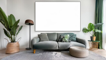 Living Room Interior Elegant Gray Velvet Sofa Framed in a Horizontal Frame Against an Empty White Wall Modern Minimalist Artwork with A Touch of Warmth and Luxury