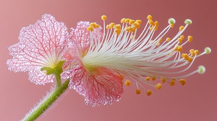 Obraz premium Dewy pink flower, macro shot, soft background, greeting card
