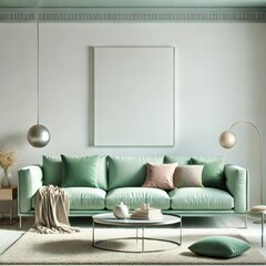 3D-Rendered Modern Living Room with Mint Green Sofa Against a White Wall