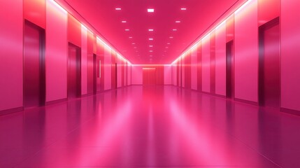 Fototapeta premium Futuristic Hallway with Neon Pink Lights and Glossy Floor Reflection