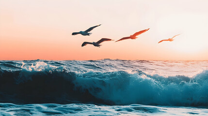 Seagulls flying over ocean waves at sunrise; peaceful travel scene