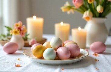 Colorful decorated eggs on a table with candles and flowers for a spring celebration