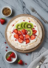 Photo of Pavlova Cake, covered with strawberry and kiwi whipped cream