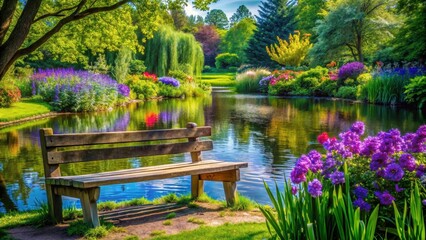 Obraz premium Serene Garden Pondside Bench Beckoning Peaceful Reflection in a Vibrant Floral Paradise