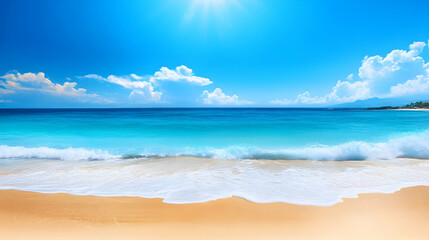 Fototapeta premium Sunny beach scene; waves gently lapping shore; tropical island background; ideal for travel brochures