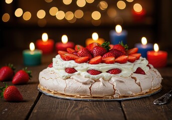 Photo of Pavlova Cake on a wooden table, romantic setting with candles, beautifully topped with whipped cream and strawberries