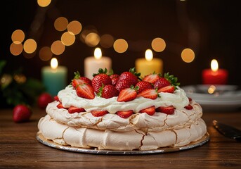 Photo of Pavlova Cake on a wooden table, romantic setting with candles, beautifully topped with whipped cream and strawberries