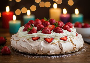 Photo of Pavlova Cake on a wooden table, romantic setting with candles, beautifully topped with whipped cream and strawberries