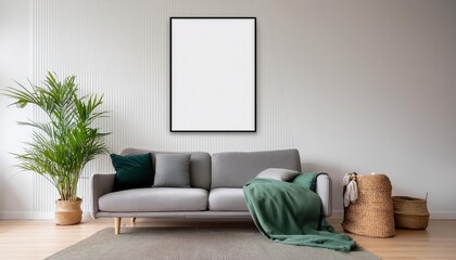 Vintage Vertical Frame Artwork Striking Modernist Geometric Design Against a Neutral Living Room Backdrop with a Plush Gray Sofa, Elevating the Mood with Sleek Simplicity and Minimalist