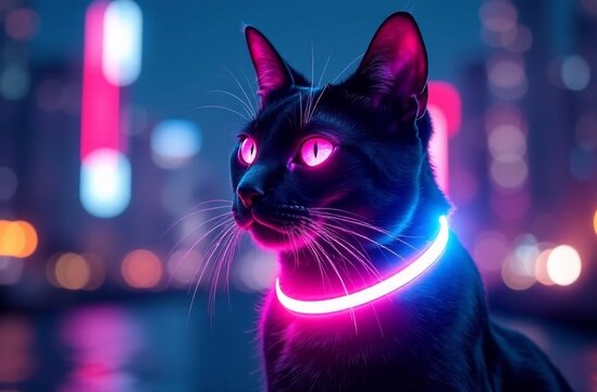Black cat with glowing collar against a vibrant city skyline at night