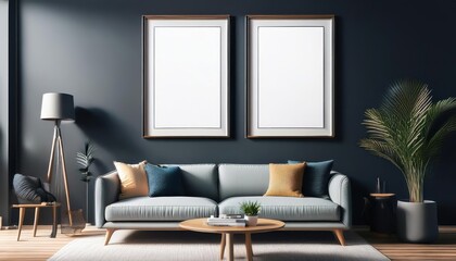 Fototapeta premium Minimalist Living Room Interior Decor Showcasing Vertical Frames Displaying Artistic Poster Mockup against a Dark Backdrop, Perfect for Modern Home Design and Digital Art Enthusiasts.